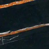 Dark marble texture with diagonal orange-brown and white veins, displaying a speckled grain and hairline fractures across a black surface.
