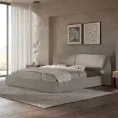 Sophisticated Cattelan Italia Simon bed with textured neutral gray upholstery and wide cushioned headboard creating a balanced design