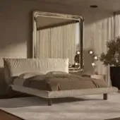 Distinguished Cattelan Italia Pascal bed with textured light beige fabric upholstery and brown leather straps