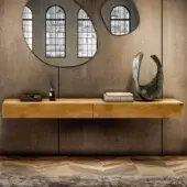 Exceptional Lago Materia Suspended Console crafted in glass with a warm wood-look finish and seamless push-pull fronts