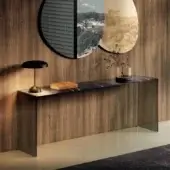 Elegant Lago Fine Console crafted in dark gray marble-like material with glossy finish and precise 45-degree join