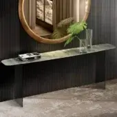 Superior Lago Deba console with shaped glass top exhibiting blended light and dark textural finish and dark monolith body