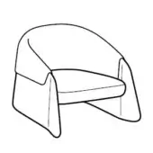 Lounge chair line drawing, white background, curved backrest and armrests, minimalist modern design, rectangular seat cushion, boomerang base.