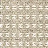 Woven textile sample, beige and off-white, horizontal bands with textured grain and repeating figure-eight motifs, neutral color palette.