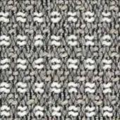 Textile sample with gray, off-white, and beige woven pattern featuring elongated teardrop and chevron motifs with dotted and linear accents.