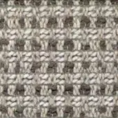 Woven fabric swatch in gray-brown, off-white, and beige tones displays a heathered, irregular nubby texture with visible yarn structure.