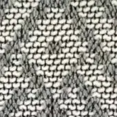 Beige textile sample with repeating rounded shapes and dark gray grid pattern, dense weave, symmetrical design, subtle raised texture.