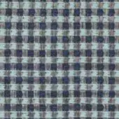 Woven textile sample with navy, off-white, and taupe square check pattern; heathered effect, simple over-under weave, textured surface.