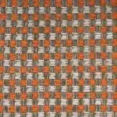 Woven textile sample, geometric pattern, orange, gray, off-white threads, tight grid weave, valencia 006, muted colors, coarse texture.