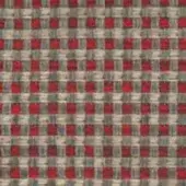 Checkerboard textile with red, off-white, and gray woven in a grid pattern; dense matte weave with a slightly raised texture.