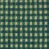 Woven textile sample with a green, navy blue, and off-white grid pattern; dense square weave with a coarse, irregular texture.