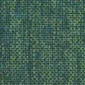 Geometric fabric sample, green and teal woven texture, features interconnected circular grid pattern with muted, natural color variations.