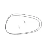 Car side mirror line drawing, asymmetrical oval shape, white background, internal component details, technical illustration.