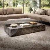 Distinguished Lago Materia coffee table built in XGlass with continuous dark brown marble grain and gold veining