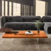 Distinguished Lago Air coffee table with tempered glass supports and matte uniform orange lacquered finish