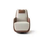 Distinguished OAK New York lounge chair upholstered in off-white textile with a matte finish and smooth medium brown frame with rotating base