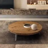 Exceptional Lago Air Round coffee table crafted in Italy with wood grain and transparent tempered glass legs with matte finish