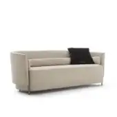 Sophisticated OAK Melodia sofa with curved silhouette upholstered in light beige fabric and smooth matte finish