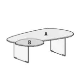 Modern oblong table, acrylic base, light gray surface, with inset circular section “B” and labeled section “A”, matte finish.