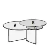 Coffee table, light gray and dark gray, three circular overlapping tops with clear curved acrylic bases, studio shot.