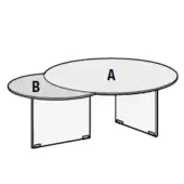Round nesting tables, matte gray finish, curved metal base with corner brackets, table A and B, studio shot.