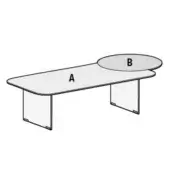 Conference table, translucent acrylic, dual organically shaped sections labeled A & B with clear rectangular bases, minimalist design.