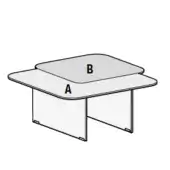 Conference table with translucent acrylic layered tabletop, square form, rounded edges, rectangular legs, gray and white tones, studio shot.