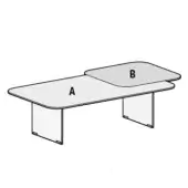 Conference table, light gray, organic shape with labeled sections A & B, supported by clear acrylic legs with metal brackets, minimalist design.