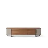 Exceptional OAK Noho sideboard with walnut wood doors and nubuck leather, finished in medium brown with light gray textured panels and black chrome feet