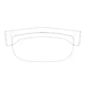 Curved handle, likely leather or textile, with rounded form and rectangular flared end caps featuring visible stitching details.