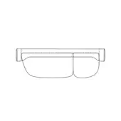 Face shield line drawing, clear rounded plastic visor, horizontal band with cylindrical extensions, technical illustration, white background.