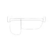 Abstract linear drawing of a stylized headrest with rectangular form, curved support, and dashed lines on a white background.