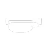 Visor line drawing, curved black form, rectangular dashed band, technical illustration, white background, schematic design, elongated shape.