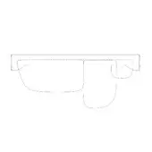 Minimalist line drawing of a sofa with asymmetrical rounded backrests, rectangular cushion, and indicated stitching on a white background.