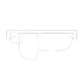Schematic drawing of a sofa with a rectangular seat, curved horseshoe base, and circular cutout, presented in a minimalist style.