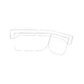 Rectangular eyeglasses line drawing, white frames, squared temples, rounded lenses, dotted detail, minimalist design, product rendering.