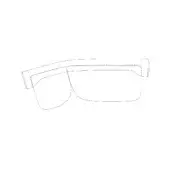 Rectangular eyeglasses line drawing, white background, rimless frame, curved temple with dotted hinge detail, minimalist technical illustration.