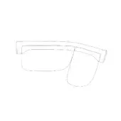 Rimless eyeglasses technical drawing, curved lenses, rectangular temple tips, dashed lines illustrate frame thickness and hinge details, white background.