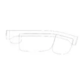 Eyeglasses dark line rounded rectangular lenses, minimalist temples extending outward with curved and squared ends, dashed hinge details.