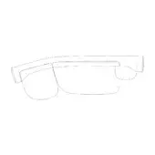 Rectangular eyeglasses line drawing, thick frames, rounded lenses, minimalist design, technical illustration, white background, curved temples.