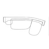 Face shield line drawing, transparent curved panel, white rigid headband, asymmetrical shape, dashed seam details, vertical scale line.