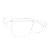 Sunglasses line drawing, black frames, wraparound style with curved temple arms and large rounded lenses, minimalist design on white background.