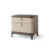 Distinguished OAK Chelsea nightstand with geometric silhouette, wood grain body, nubuck leather handles and black chrome painted top and base