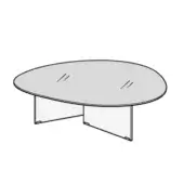 Circular coffee table, frosted glass top, clear acrylic legs, triangular base, minimalist modern design, white background.