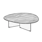 Oval coffee table, light gray wood veneer, with clear acrylic angled legs and dark metal brackets, minimalist contemporary design.