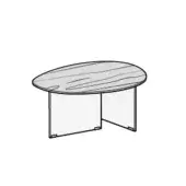 Coffee table, light wood, circular top with grain; clear acrylic triangular base with metal connectors, minimalist design, studio shot.