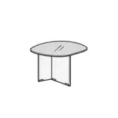 Glass top round table, light gray glass, curved pedestal base with dark gray accents, minimalist modern design, smooth glossy finish.