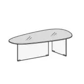 Conference table, light gray with diagonal lines, oval tabletop, supported by two rectangular glass legs and a horizontal glass panel.