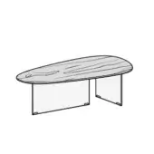 Wooden coffee table with rounded edges and clear glass rectangular legs, studio shot on white background.