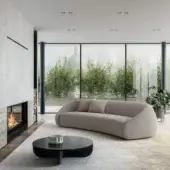 Elegant LaCividina Apper sofa with curved form upholstered in matte light taupe textile crafted in Italy